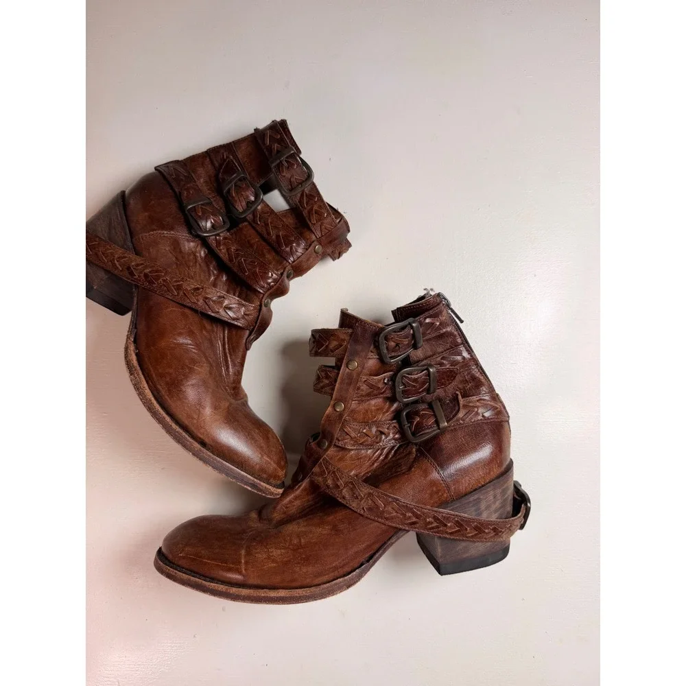 Bed Stu Glaye‎ Ankle Boots Womens Brown Size 8 Braided Triple Buckle Leather
